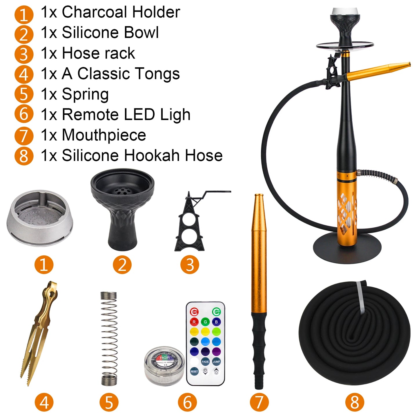 Baseball Hookah With Silicone Hose Classic Tongs Remote LED Light